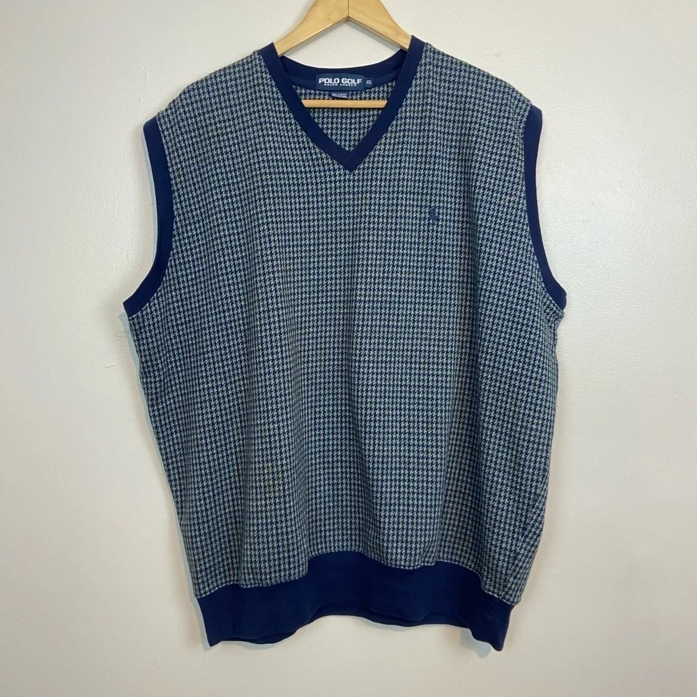 Vintage Polo Golf Ralph Lauren Houndstooth Sweater Vest – Navy & Green – XL